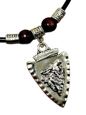 Handmade Antique Silver Wolf Head Arrowhead Necklace with Black Leather Cord